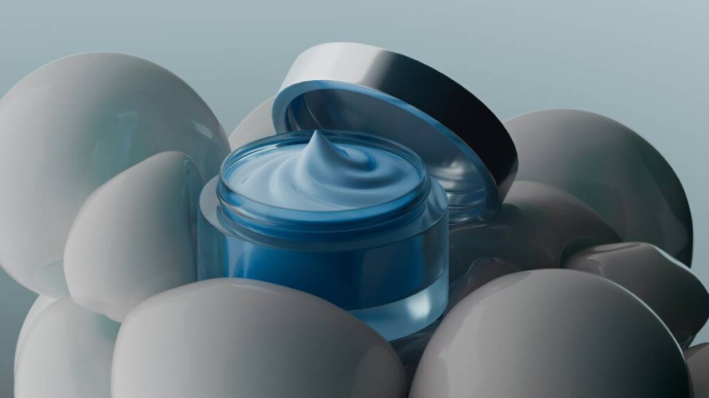 Cosmetic cream jar surrounded by spheres